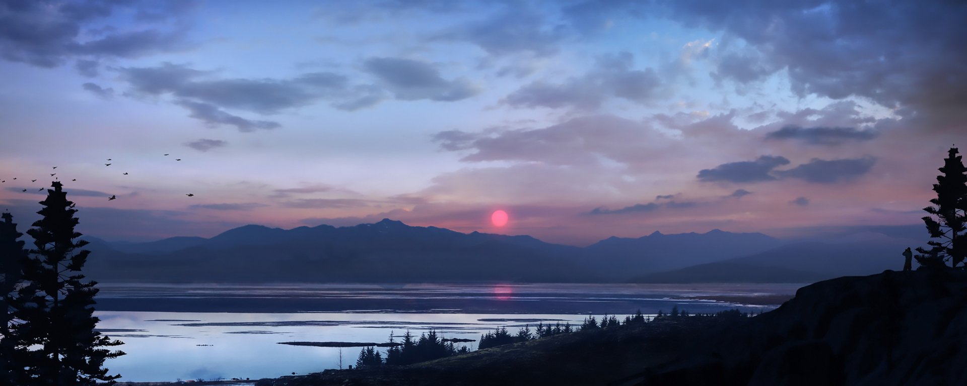 HD fantasy landscape featuring a serene sunset over distant mountains and reflective waters, creating a mystical and tranquil atmosphere for a PC desktop background.
