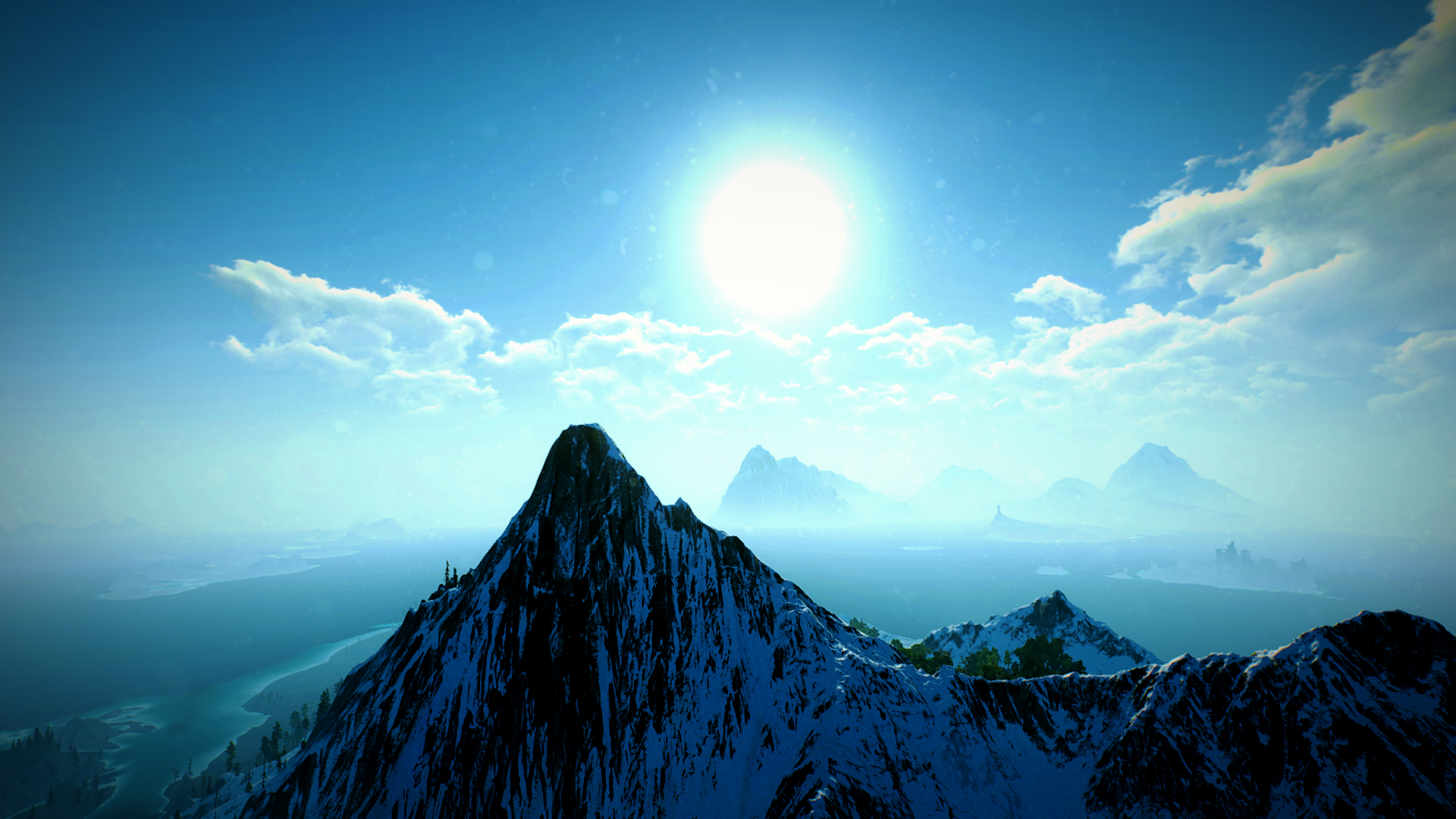 HD PC desktop wallpaper from The Witcher 3: Wild Hunt featuring a bright sun above snow-covered mountains under a partly cloudy sky.