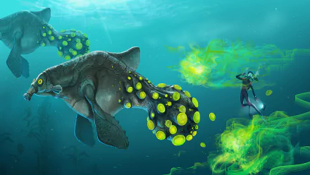 HD PC desktop wallpaper and background from the video game Subnautica: a diver encounters a giant bioluminescent sea-turtle with glowing yellow pods and swirling green gas underwater.