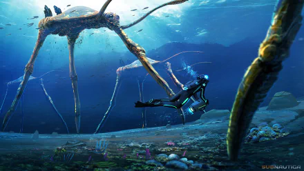 HD PC desktop wallpaper from the video game Subnautica, featuring a diver underwater facing large, alien-like sea creatures amidst a vibrant ocean landscape.