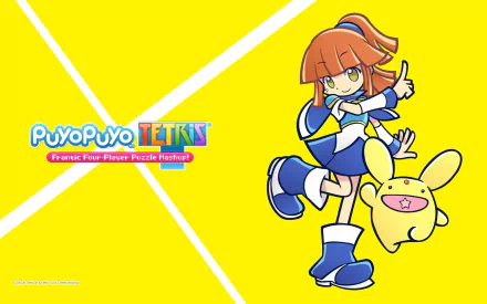 HD PC desktop wallpaper/background for the video game Puyo Puyo Tetris: a cheerful anime-style girl and a yellow mascot pose on a bright yellow field beside the game logo.