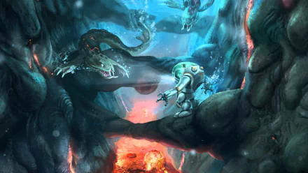 HD PC desktop wallpaper from the video game Subnautica, featuring an underwater scene with a diver encountering large sea creatures in a vivid, immersive environment.