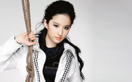 HD wallpaper featuring an Asian model with black hair and brown eyes, dressed in white and black attire, holding a rope.