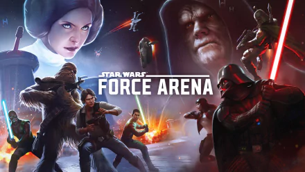 HD PC desktop wallpaper for the video game Star Wars: Force Arena, featuring Han Solo, Chewbacca, Darth Vader and Boba Fett in a dramatic battle scene.