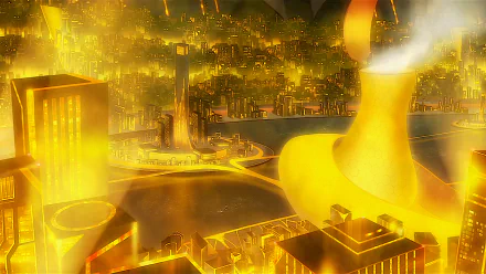 A vibrant HD desktop wallpaper featuring a golden-hued, futuristic cityscape with an underground power plant from the anime Darling in the FranXX. The architecture is illuminated, creating a glowing atmosphere.