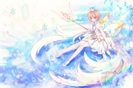 HD desktop wallpaper featuring Sakura Kinomoto from Cardcaptor Sakura, surrounded by colorful energy and magical elements, with Keroberos visible in the background.