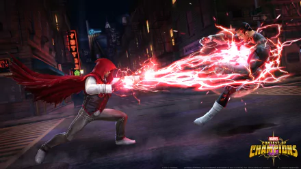 HD PC desktop wallpaper: Punisher from MARVEL Contest of Champions (video game) unleashes a crackling red energy blast across a neon city street toward an armored opponent.