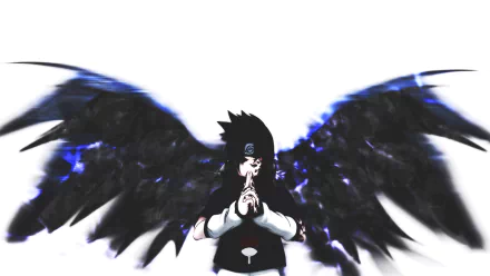 Sasuke Uchiha stands confidently with hands together, surrounded by dramatic black wings. This striking HD wallpaper captures his intense presence from the anime Naruto.