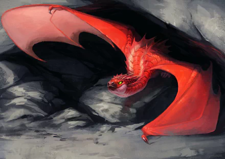 HD wallpaper featuring a stunning red dragon with outstretched wings emerging from a dark, rocky cave. A perfect backdrop capturing the essence of fantasy.