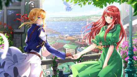HD desktop wallpaper featuring Luculia Marlborough and Violet Evergarden from the anime Violet Evergarden, holding hands with a scenic backdrop of a vibrant town and a river.