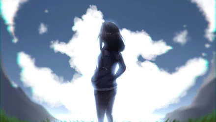 HD anime-style original artwork of a silhouetted girl standing against a bright sky with clouds, designed as a PC desktop wallpaper background.