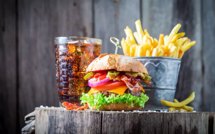 HD desktop wallpaper featuring a classic burger with lettuce, tomato, and bacon, crispy french fries in a metal bucket, and a glass of cola on a rustic wooden surface.