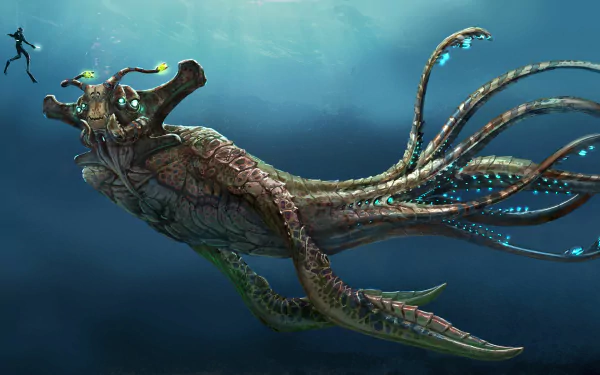 HD desktop wallpaper and background featuring a Subnautica scene with a diver encountering a large, intricate sea creature underwater.