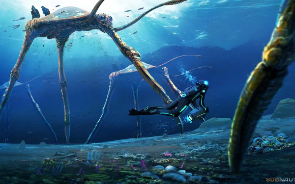 HD PC desktop wallpaper from the video game Subnautica, featuring a diver underwater facing large, alien-like sea creatures amidst a vibrant ocean landscape.