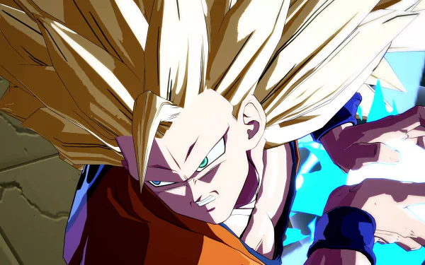HD PC desktop wallpaper featuring Goku in Super Saiyan form from the video game Dragon Ball FighterZ with vibrant colors and dynamic action pose.