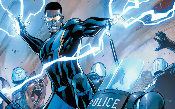 HD desktop wallpaper featuring the animated superhero Black Lightning using his electric powers, with police officers in the background.