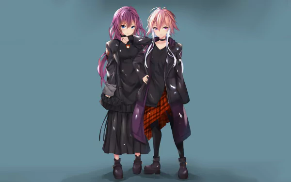 HD PC wallpaper of Asuka Ninomiya and Shiki Ichinose (The iDOLM@STER Cinderella Girls): two anime idols in dark coats standing close against a muted teal background.