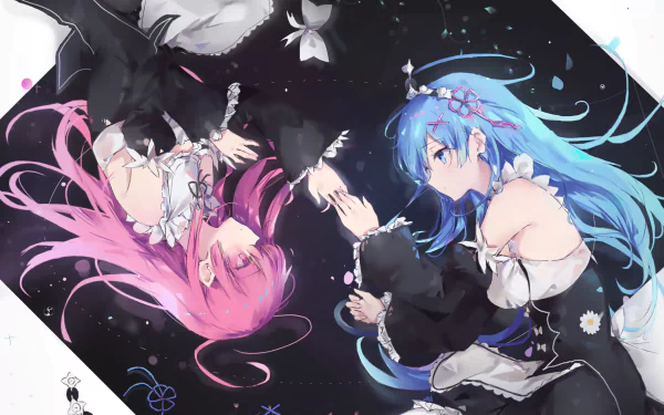 Anime wallpaper featuring Rem and Ram from Re:Zero - Starting Life in Another World. One has pink eyes and hair, and the other has blue eyes and hair, both wearing maid dresses and depicted in HD quality.