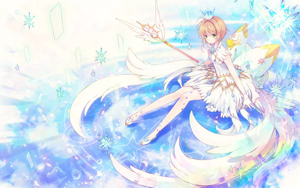 HD desktop wallpaper featuring Sakura Kinomoto from Cardcaptor Sakura, surrounded by colorful energy and magical elements, with Keroberos visible in the background.