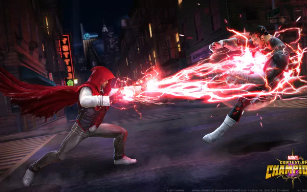 HD PC desktop wallpaper: Punisher from MARVEL Contest of Champions (video game) unleashes a crackling red energy blast across a neon city street toward an armored opponent.