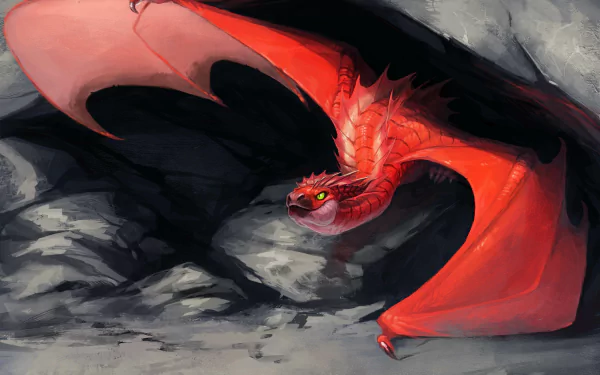 HD wallpaper featuring a stunning red dragon with outstretched wings emerging from a dark, rocky cave. A perfect backdrop capturing the essence of fantasy.