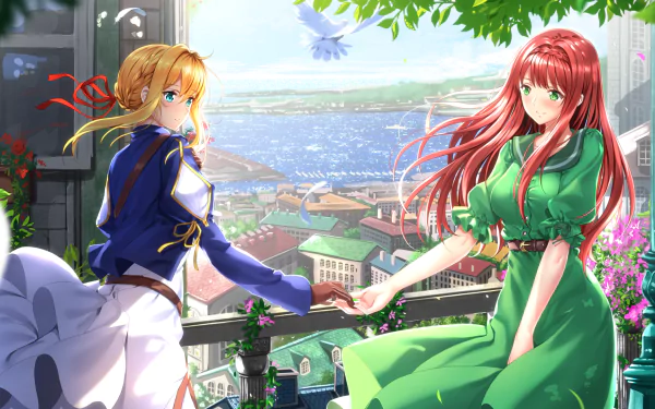 HD desktop wallpaper featuring Luculia Marlborough and Violet Evergarden from the anime Violet Evergarden, holding hands with a scenic backdrop of a vibrant town and a river.