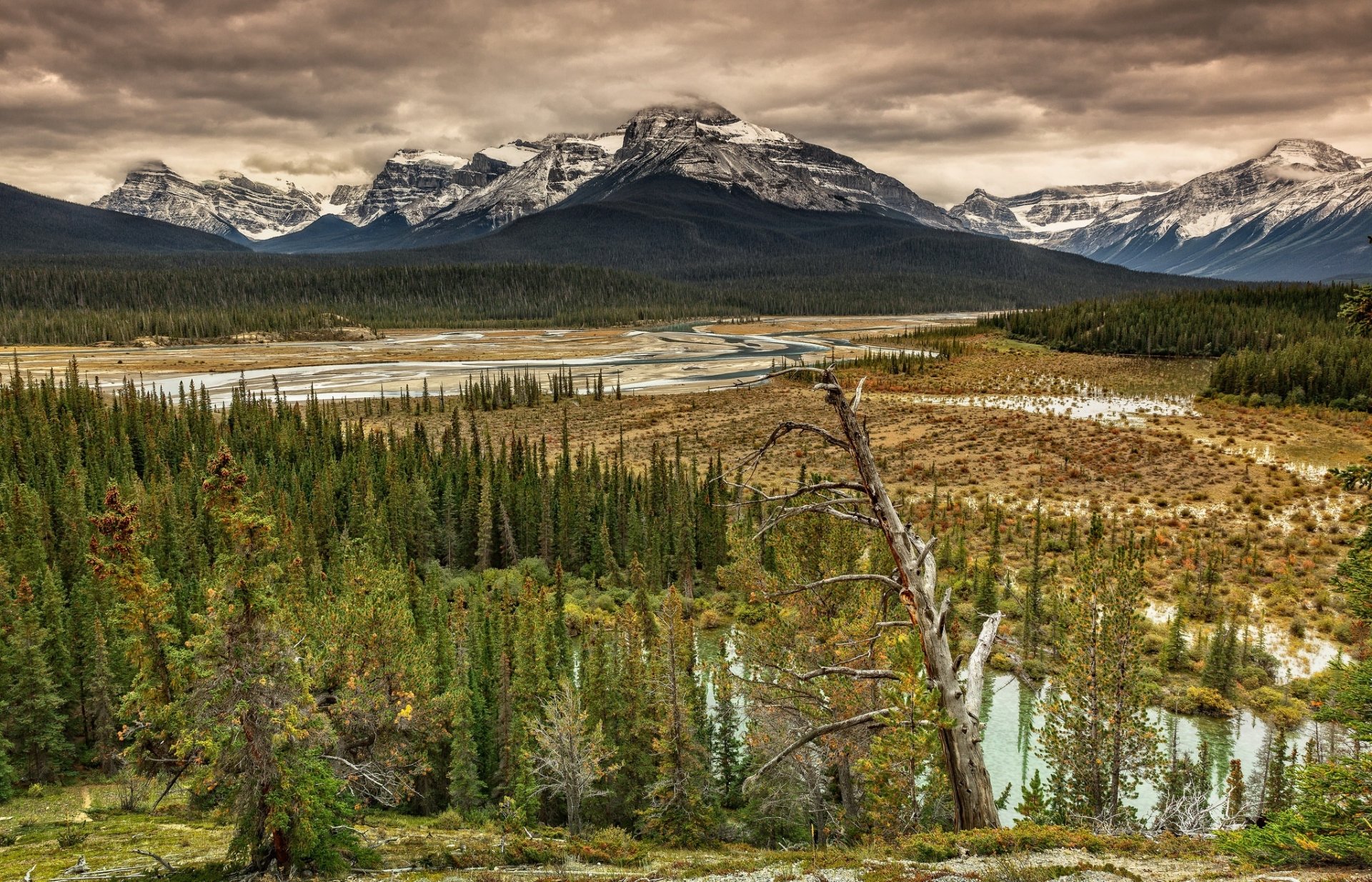 HD desktop wallpaper showcasing a mountain landscape with dense forest and winding river under a cloudy sky.