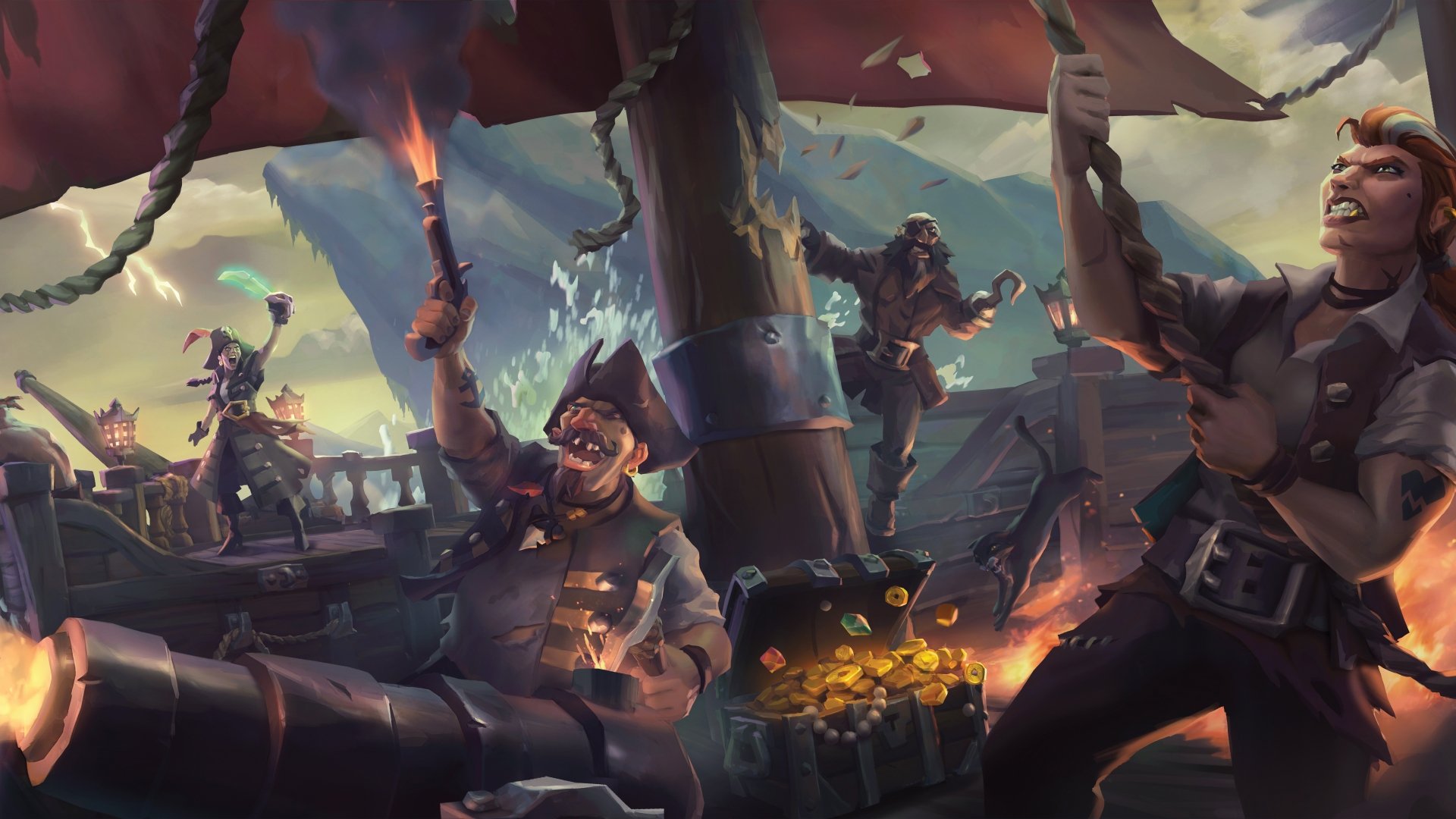 8K Ultra HD Sea of Thieves PC wallpaper depicting lively pirates aboard a ship, celebrating with treasure and torches under a dramatic sky.