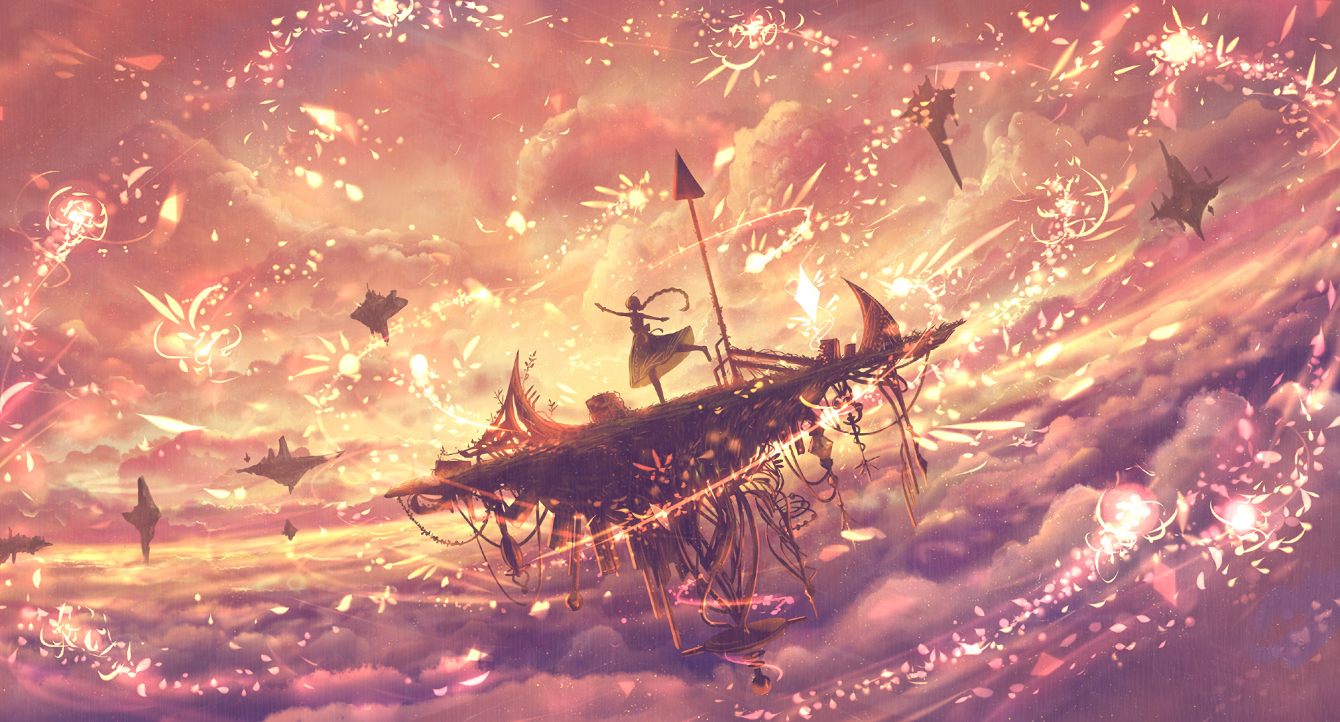 A vibrant anime scene featuring a fantastical airship amidst a colorful sky filled with swirling clouds and shimmering lights, designed as a stunning HD PC desktop wallpaper.