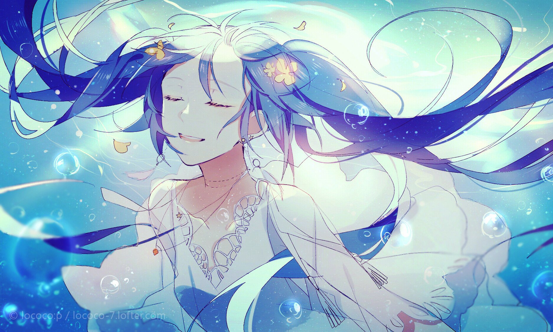 Hatsune Miku with long aqua twintails smiles softly underwater, wearing earrings and a necklace, surrounded by bubbles in a vibrant anime-style HD wallpaper.