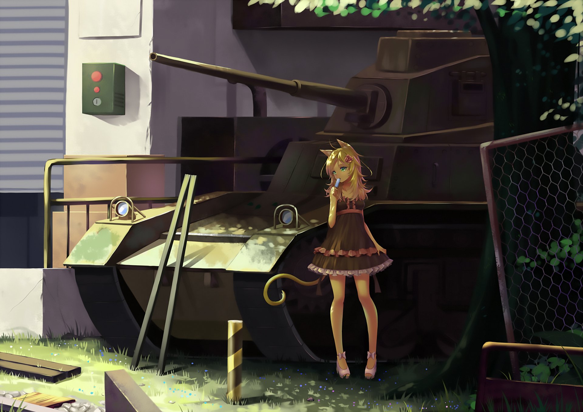 Anime original HD PC desktop wallpaper and background: a cat-eared girl in a ruffled dress stands by a parked tank in a sunlit urban yard, fences and ivy framing the scene.