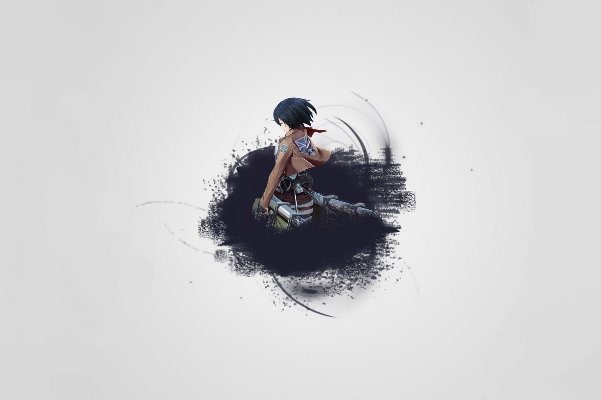 HD PC desktop wallpaper featuring Mikasa Ackerman from the anime Attack on Titan, showcasing her poised with swords against a minimalist background.