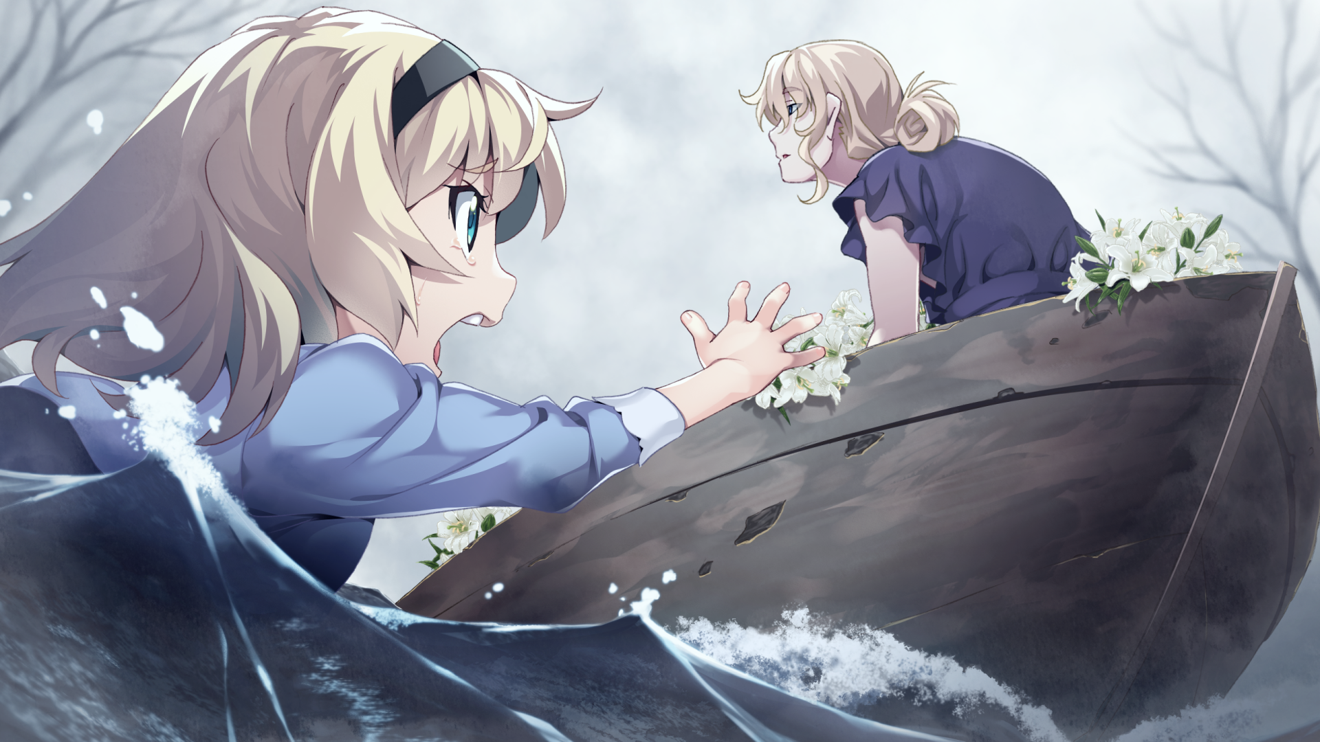 Anime HD PC desktop wallpaper featuring characters from Grisaia: Phantom Trigger, showing two girls reaching toward each other amid water and flowers.