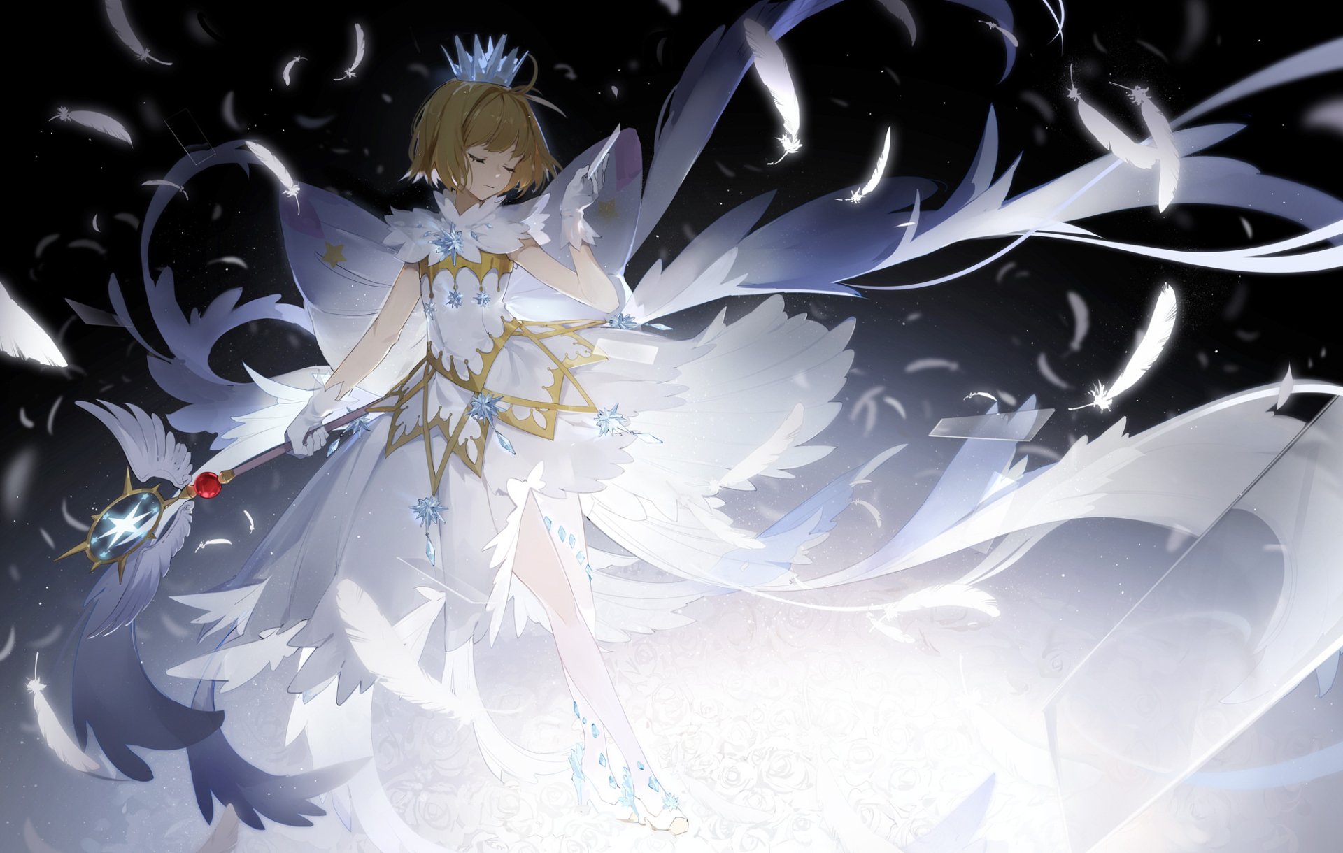 Sakura Kinomoto from Cardcaptor Sakura stands elegantly in a stunning outfit, surrounded by ethereal feathers against a dark backdrop, creating a captivating HD anime wallpaper.