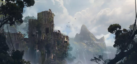 HD PC desktop wallpaper featuring a fantasy landscape with ancient, overgrown ruins and misty mountains under a cloudy sky.