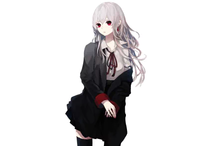 Anime-style original character with long silver hair and red eyes, dressed in a black and red school uniform, rendered in 4K Ultra HD for a PC desktop wallpaper.