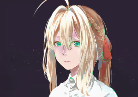 Anime character Violet Evergarden with green eyes and blonde hair styled in a braid, set against a dark background. This HD desktop wallpaper showcases her serene expression and detailed features.