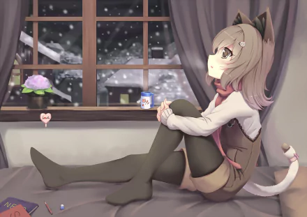 Anime-style original HD PC desktop wallpaper featuring a cat-girl with long hair and tail, sitting by a window on a snowy night, holding a steaming cup.