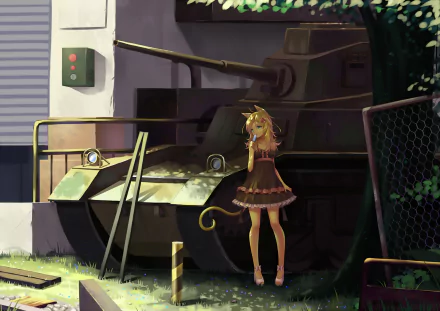 Anime original HD PC desktop wallpaper and background: a cat-eared girl in a ruffled dress stands by a parked tank in a sunlit urban yard, fences and ivy framing the scene.