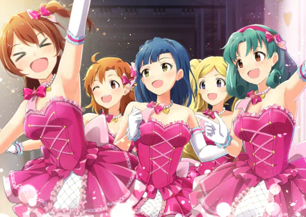 HD anime wallpaper featuring Matsuri Tokugawa, Kana Yabuki, Yuriko Nanao, Mirai Kasuga, and Emily Stewart from THE iDOLM@STER: Million Live! performing on stage.