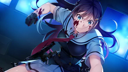 HD PC desktop wallpaper from the anime Grisaia: Phantom Trigger, featuring a bloodied character in a school uniform with intense blue lighting.