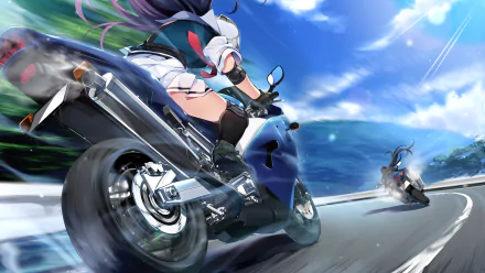 HD PC desktop wallpaper featuring dynamic anime-style characters from Grisaia: Phantom Trigger racing motorcycles on a scenic highway under a bright blue sky.