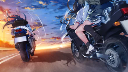 HD PC desktop wallpaper featuring dynamic anime characters from Grisaia: Phantom Trigger riding motorcycles at sunset.