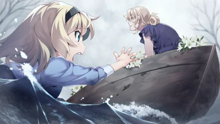 Anime HD PC desktop wallpaper featuring characters from Grisaia: Phantom Trigger, showing two girls reaching toward each other amid water and flowers.