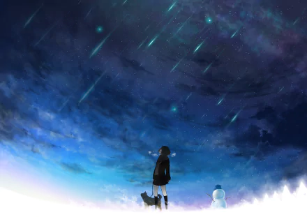 A serene winter night anime scene showing a girl with a dog under a starry sky with falling meteors. The image is a HD desktop wallpaper tagged with winter, ice, meteor, sky, star, dog, and Anime.