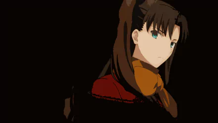 HD PC desktop wallpaper featuring Rin Tohsaka from the anime Fate/Stay Night: Unlimited Blade Works, showcasing her serious expression and signature outfit against a dark background.