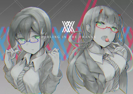 HD desktop wallpaper featuring Ichigo and Zero Two from Darling in the FranXX in school uniforms and glasses. Ichigo has short hair, while Zero Two has long hair and horns, holding a lollipop.