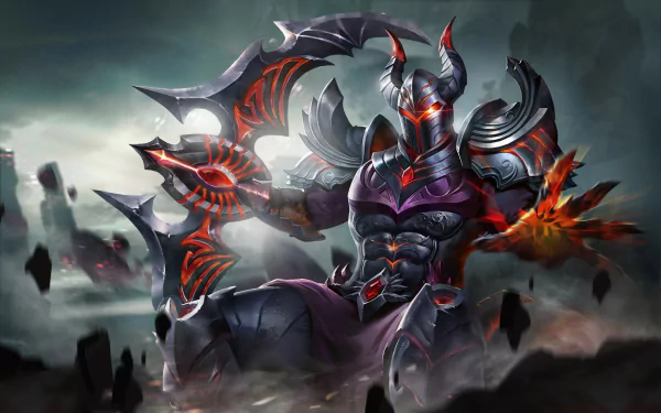HD desktop wallpaper featuring Nakroth from the video game Arena of Valor. The striking image showcases Nakroth in a fierce battle stance, set against a dramatic and dark landscape.