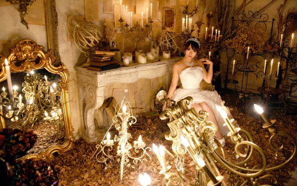 white dress tiara brunette wedding dress candle chandelier mirror asian model woman bride HD Desktop Wallpaper | Background Image