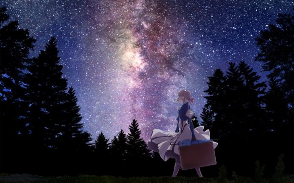 Anime Violet Evergarden Blonde Suitcase Night Tree Umbrella Blue Eyes Stars HD Wallpaper | Background Image